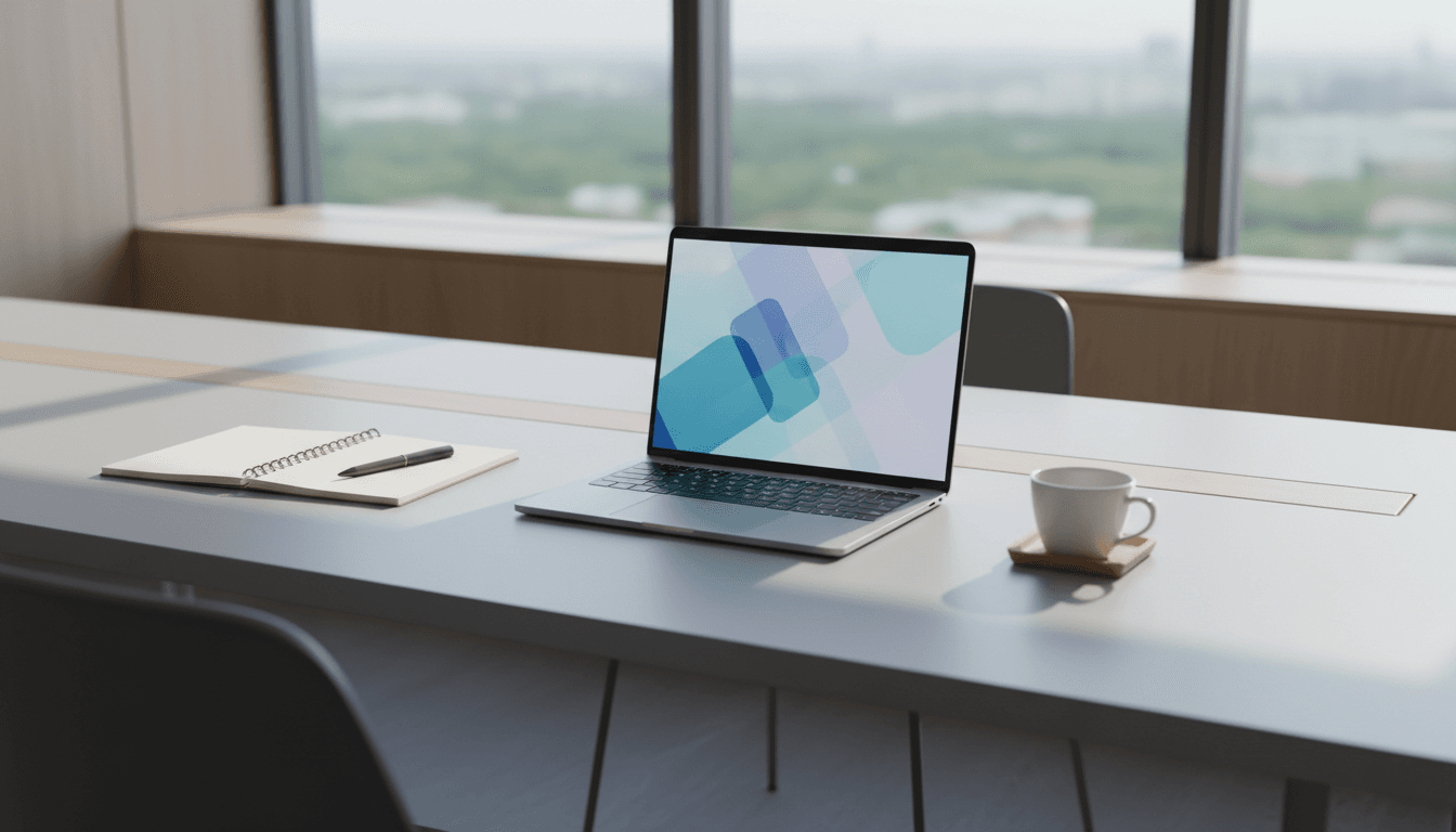 Modern workspace with laptop and minimal desk setup in natural light