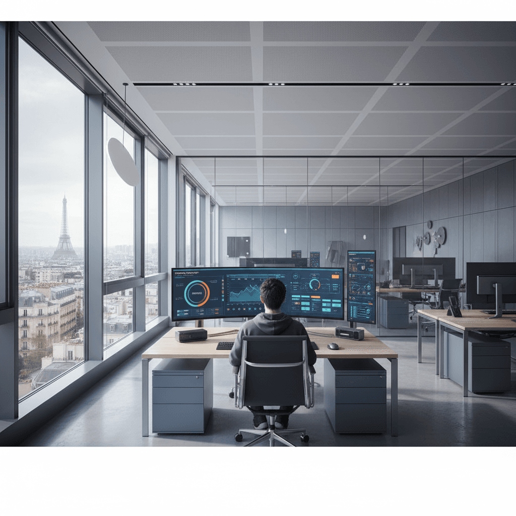 Developer working on custom enterprise business platform interface with multiple data dashboards