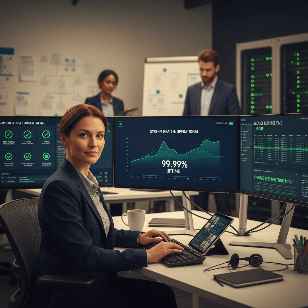 Technical support team monitoring system health and response metrics in real-time