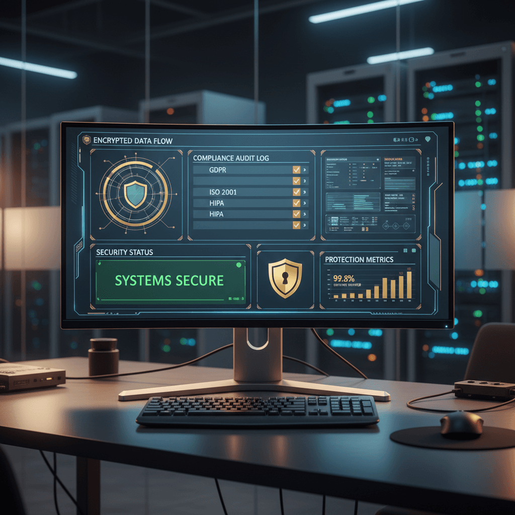 Security compliance dashboard displaying encryption status and compliance certifications