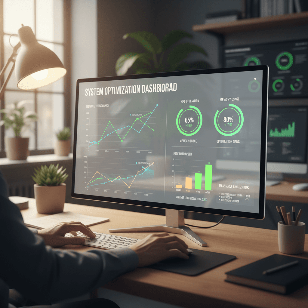 Performance analytics dashboard showing real-time metrics and optimization improvements