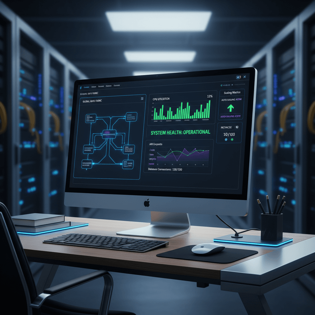 Cloud infrastructure dashboard displaying real-time system monitoring and performance metrics