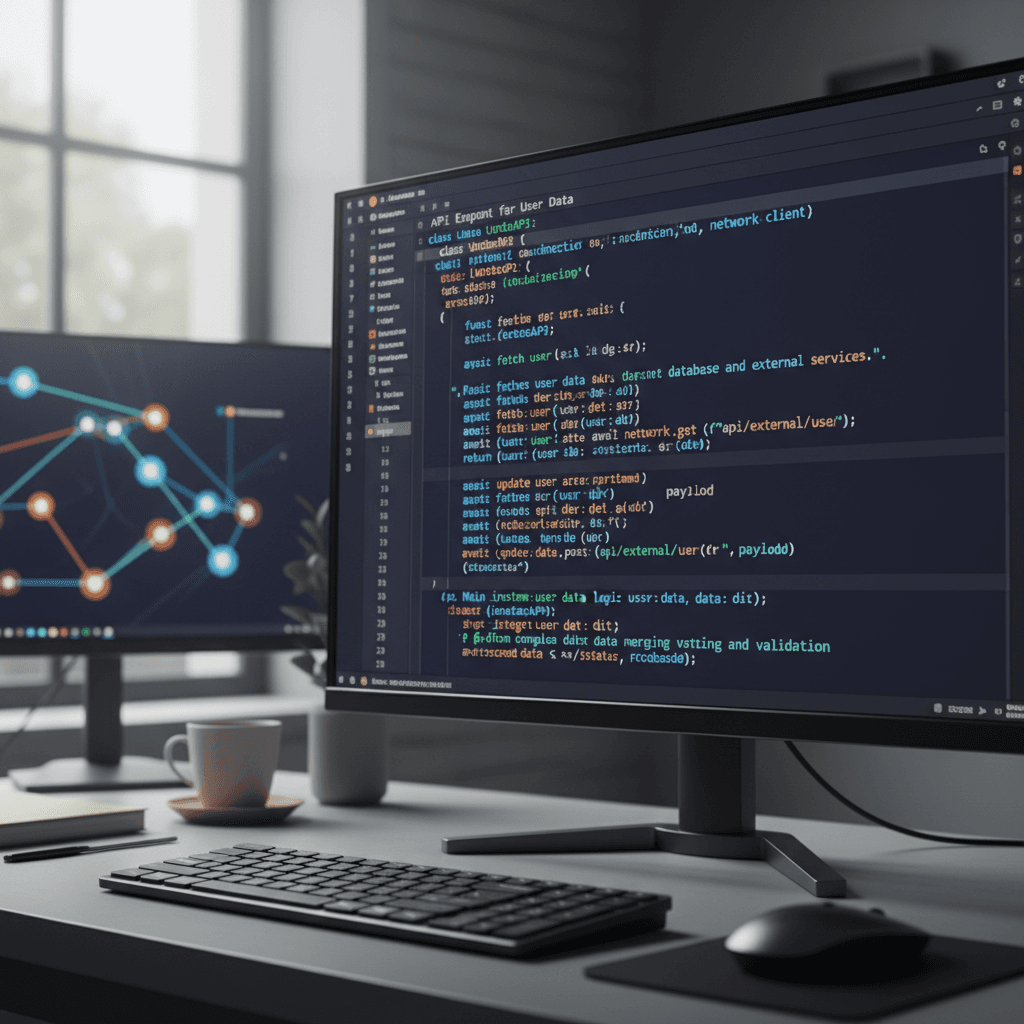 Clean API code displayed in professional IDE with syntax highlighting and integration architecture