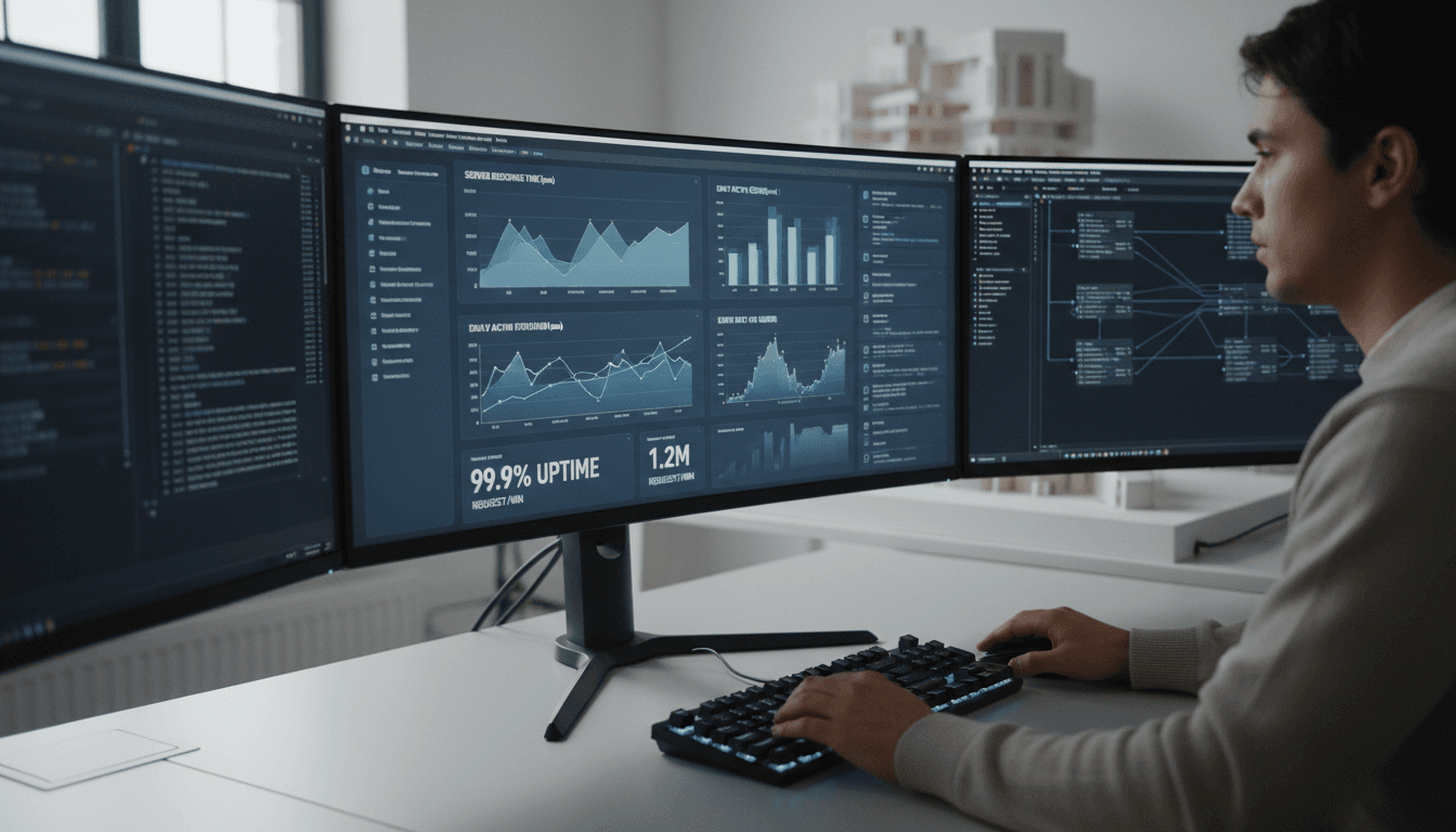 Software developer working at a clean professional workspace with multiple monitors displaying code and performance dashboards
